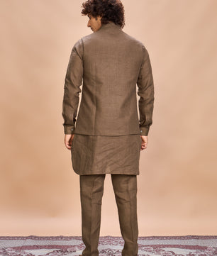 Brown Linen Jacket Kurta Set for Men