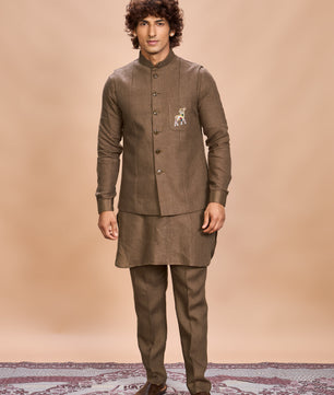 Brown Linen Jacket Kurta Set for Men