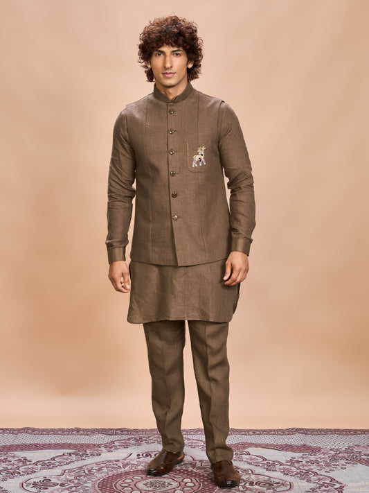 Brown Linen Jacket Kurta Set for Men