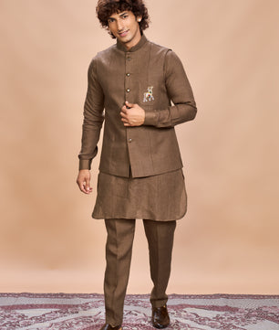 Brown Linen Jacket Kurta Set for Men