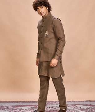 Brown Linen Jacket Kurta Set for Men