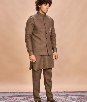 Brown Linen Jacket Kurta Set for Men