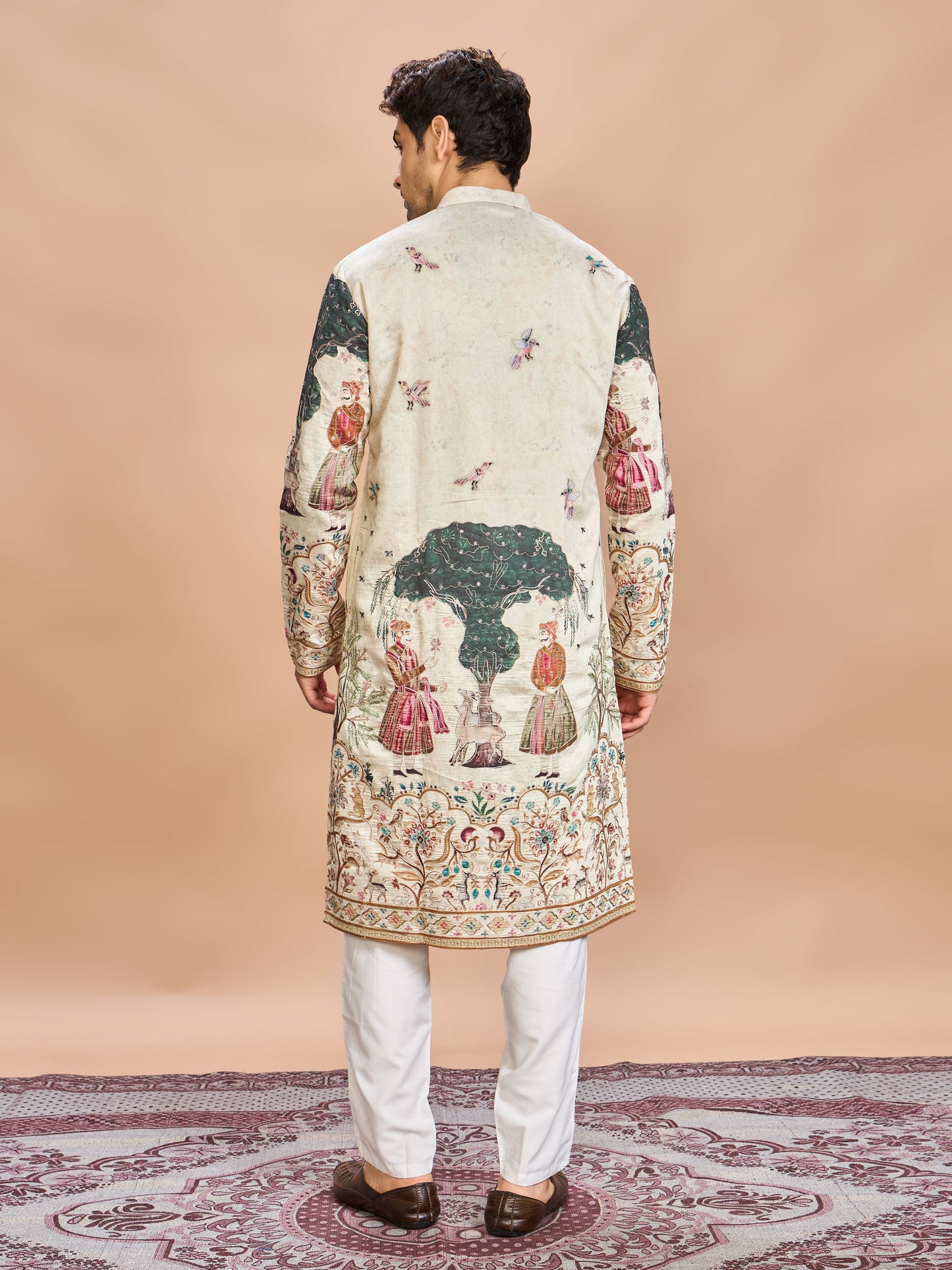Cream Silk Embroidered Kurta Set