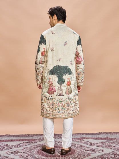 Cream Silk Embroidered Kurta Set