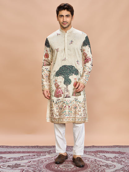 Cream Silk Embroidered Kurta Set