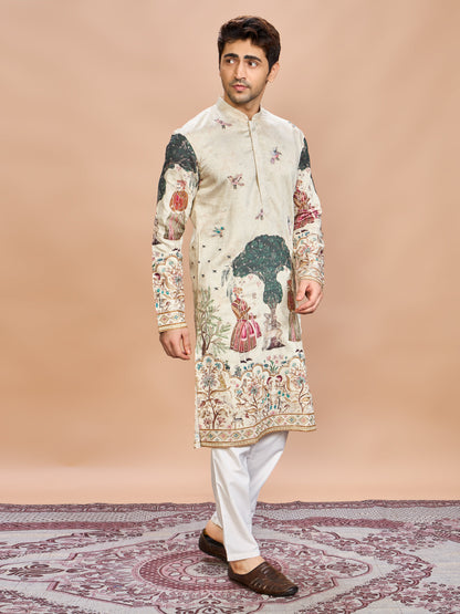 Cream Silk Embroidered Kurta Set