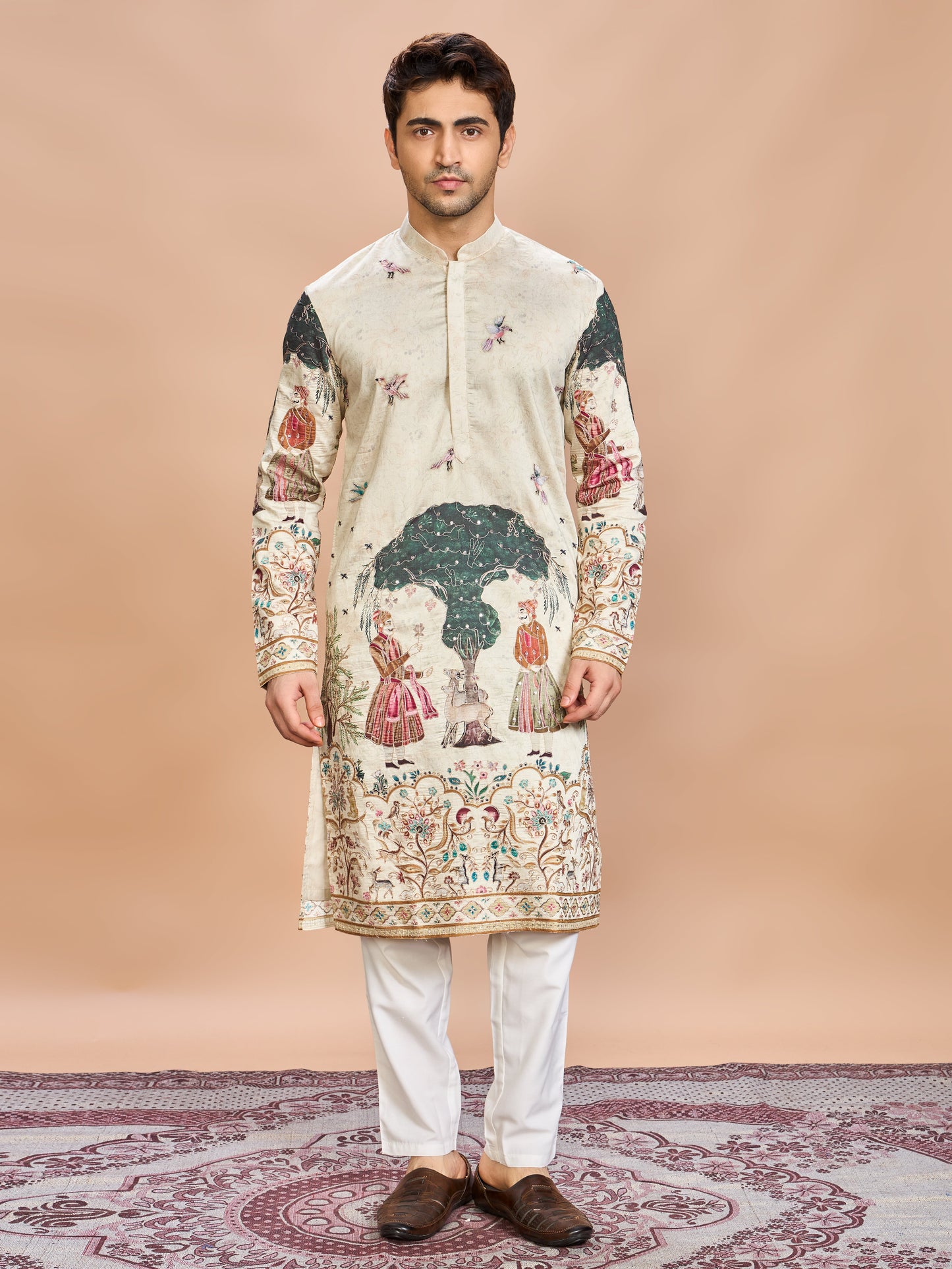 Cream Silk Embroidered Kurta Set