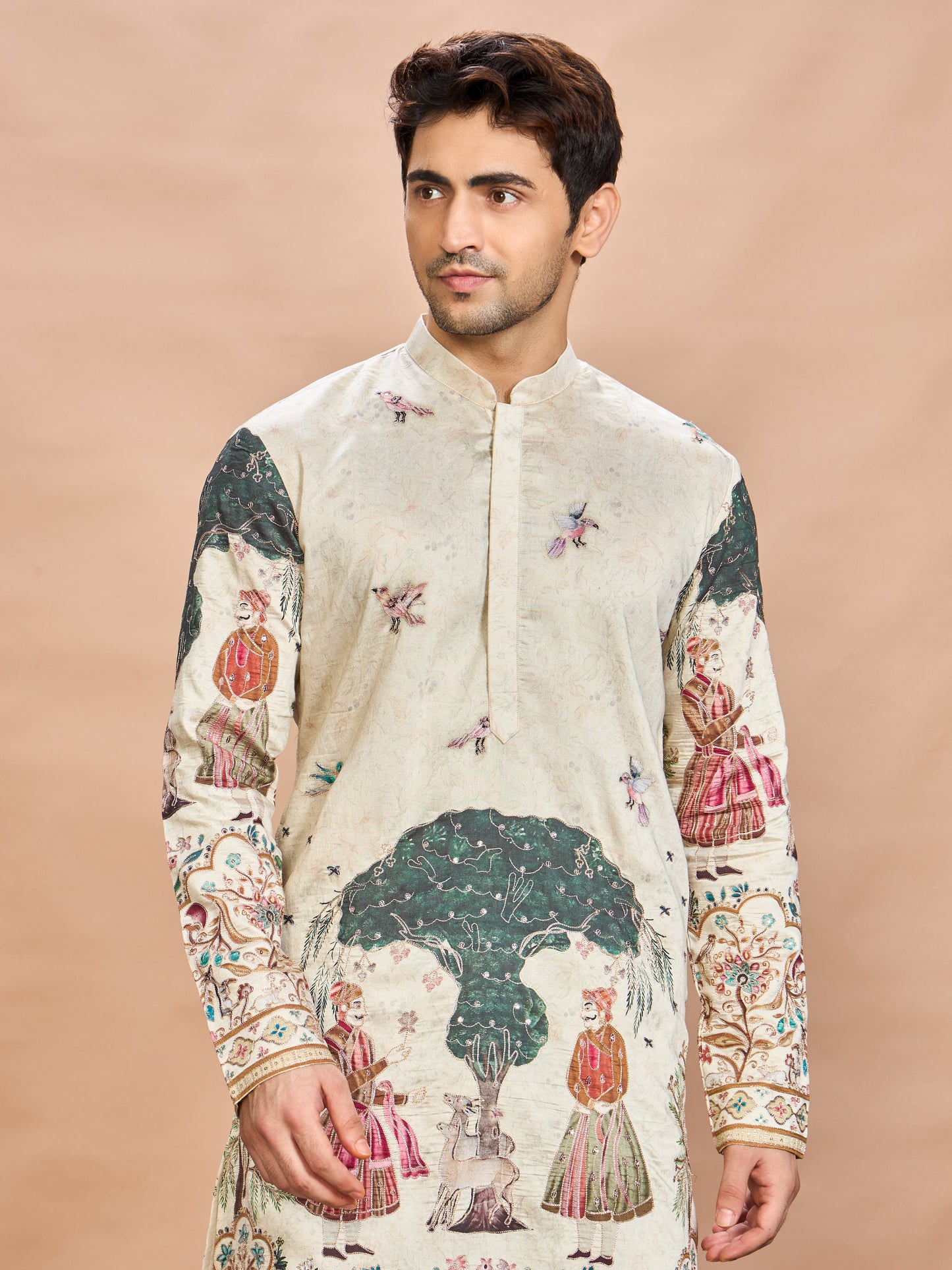 Cream Silk Embroidered Kurta Set