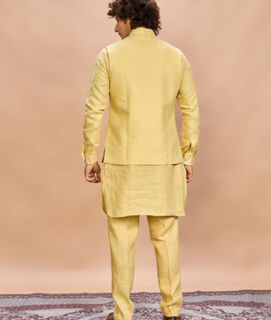 Yellow Linen Jacket Kurta Set for Men