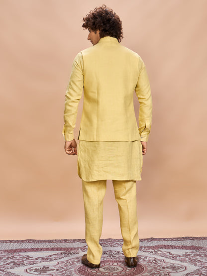 Yellow Linen Jacket Kurta Set for Men