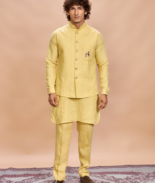 Yellow Linen Jacket Kurta Set for Men