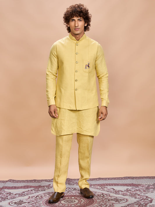 Yellow Linen Jacket Kurta Set for Men