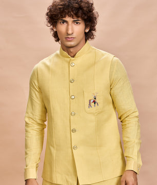 Yellow Linen Jacket Kurta Set for Men