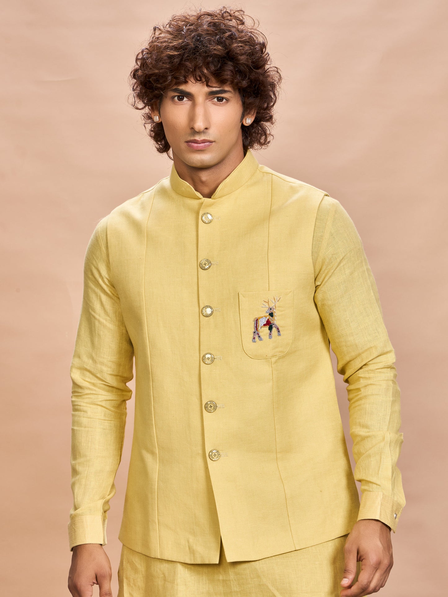Yellow Linen Jacket Kurta Set for Men
