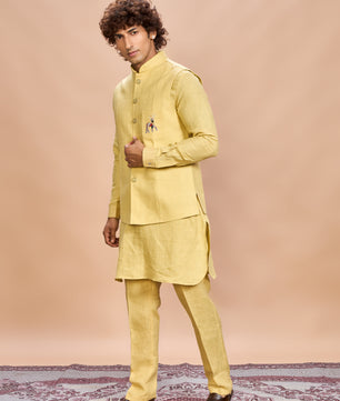 Yellow Linen Jacket Kurta Set for Men