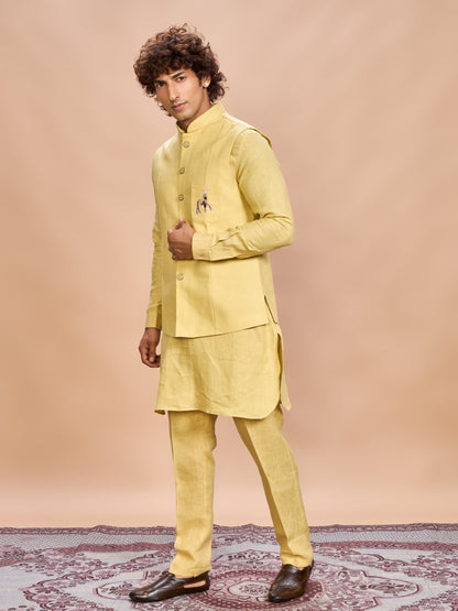 Yellow Linen Jacket Kurta Set for Men