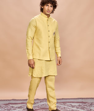 Yellow Linen Jacket Kurta Set for Men