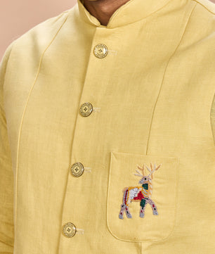 Yellow Linen Jacket Kurta Set for Men