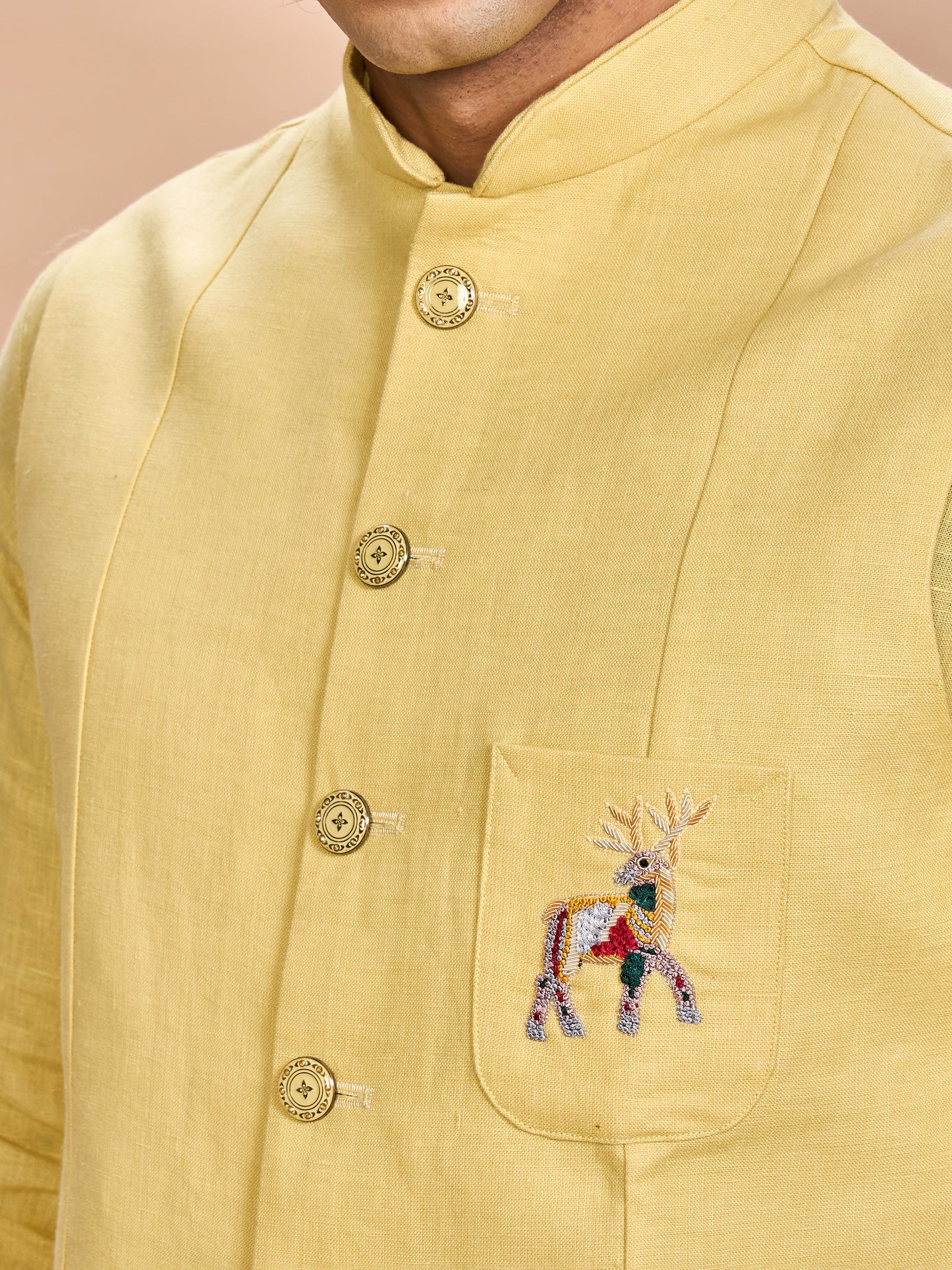 Yellow Linen Jacket Kurta Set for Men