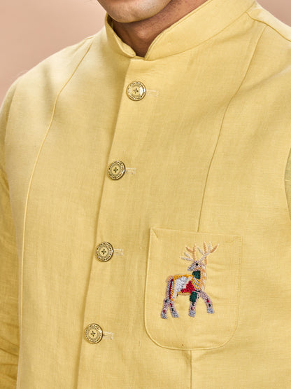 Yellow Linen Jacket Kurta Set for Men