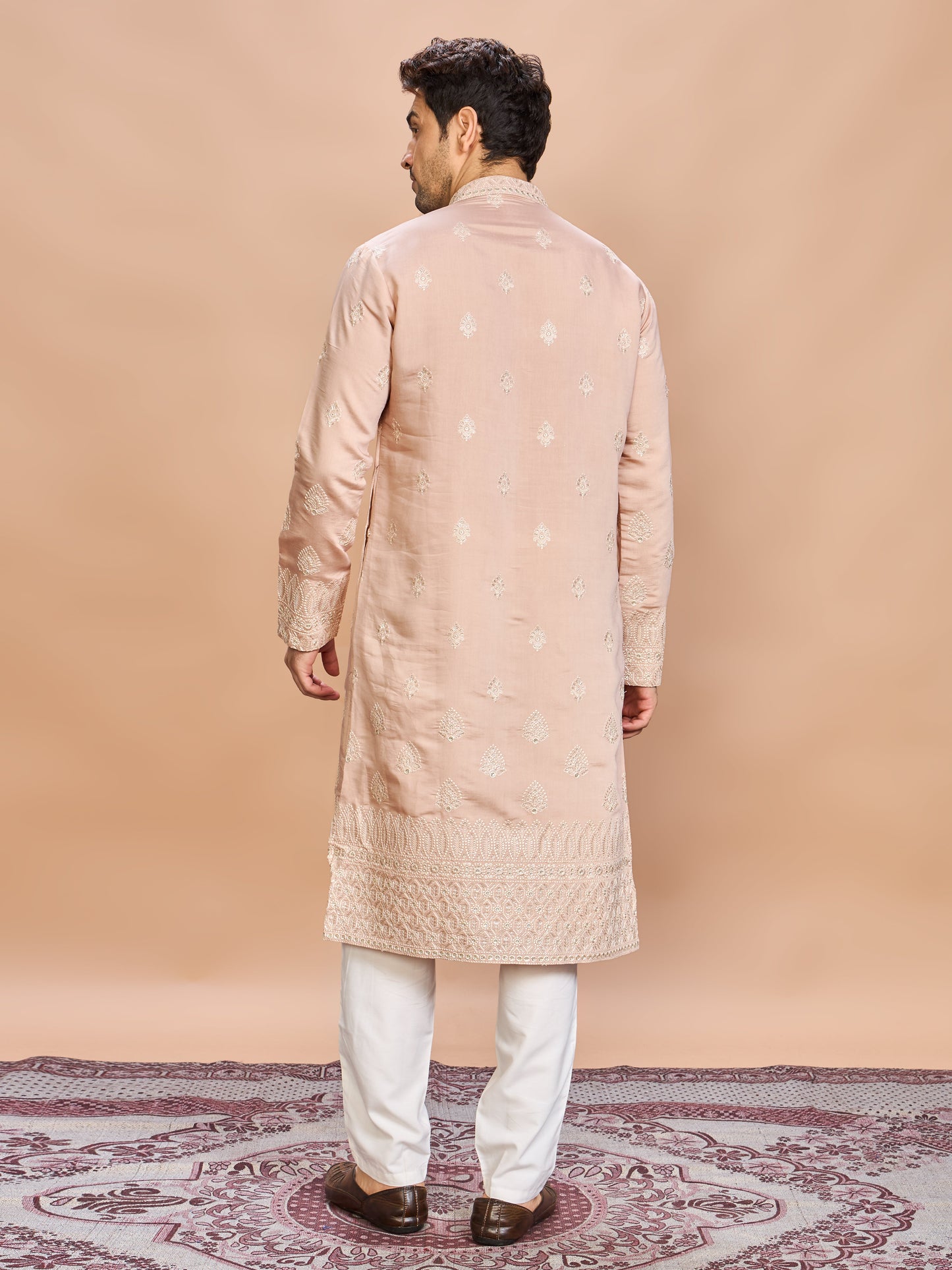 Peach Silk Embroidered Kurta Set