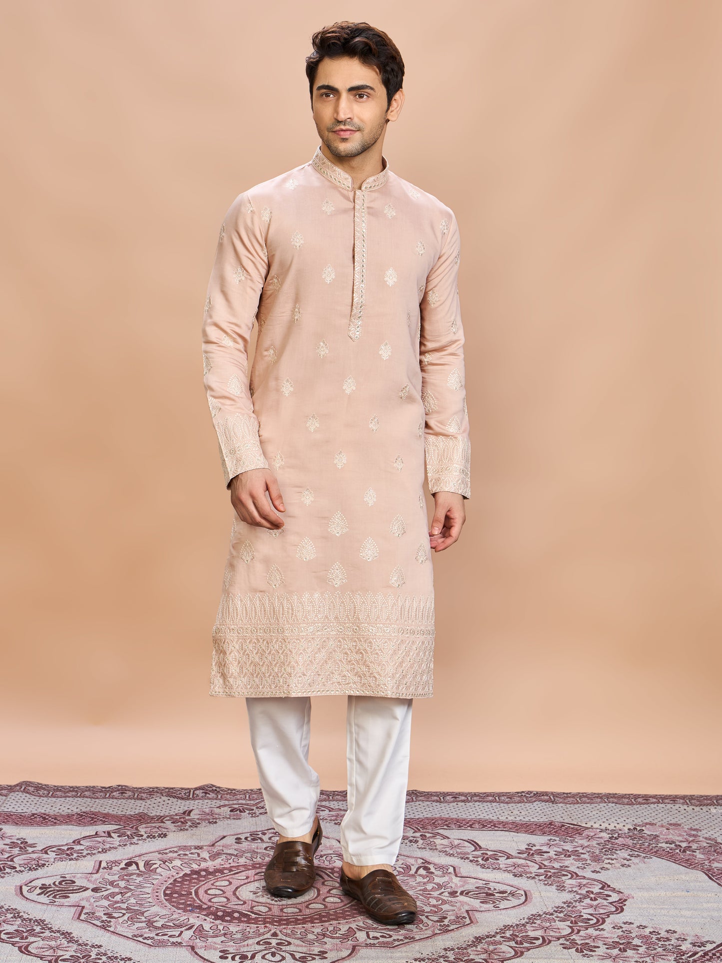 Peach Silk Embroidered Kurta Set