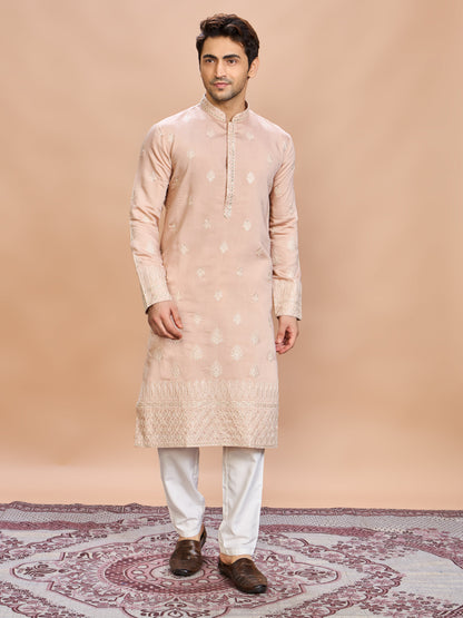 Peach Silk Embroidered Kurta Set