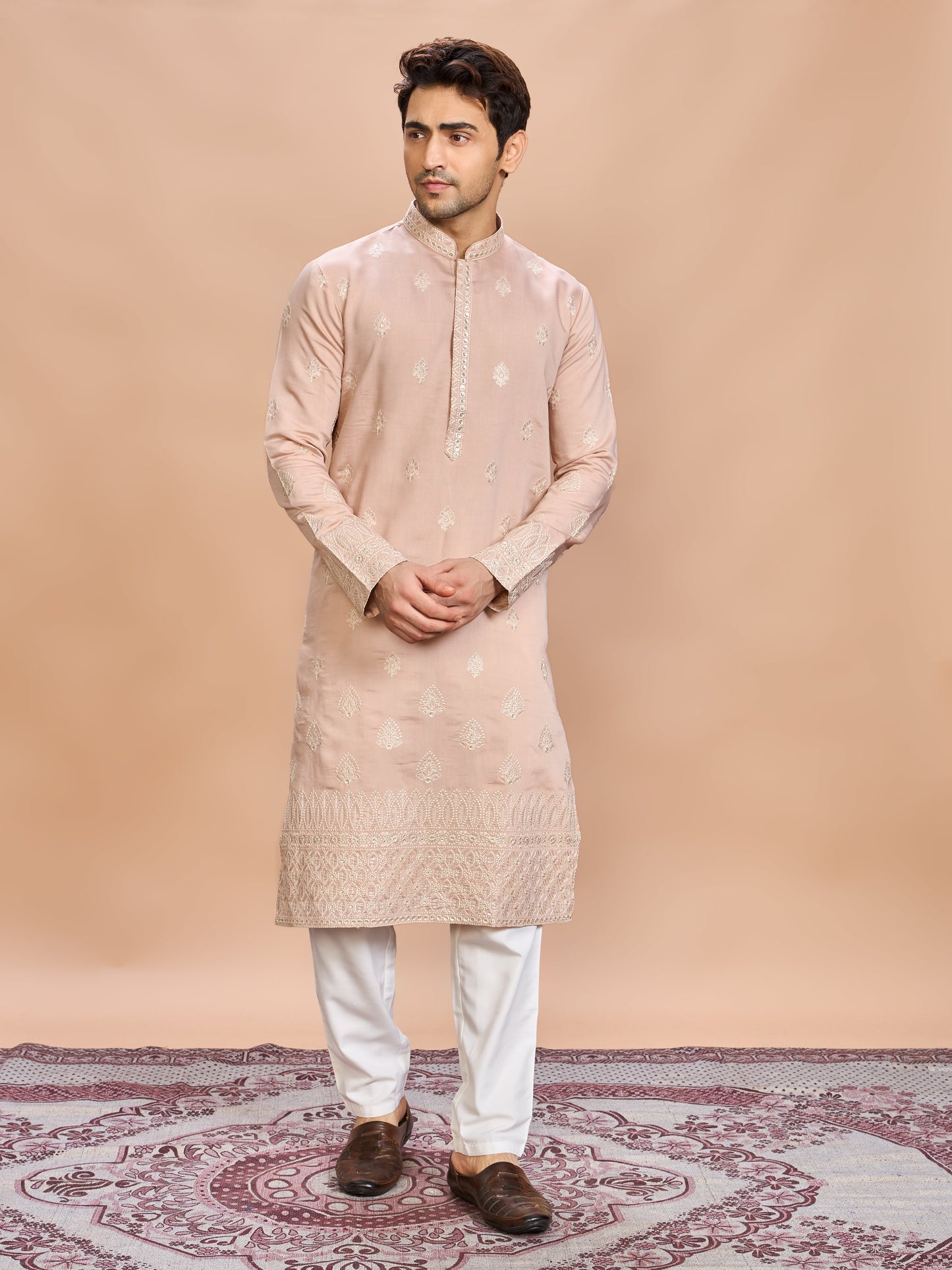 Peach Silk Embroidered Kurta Set