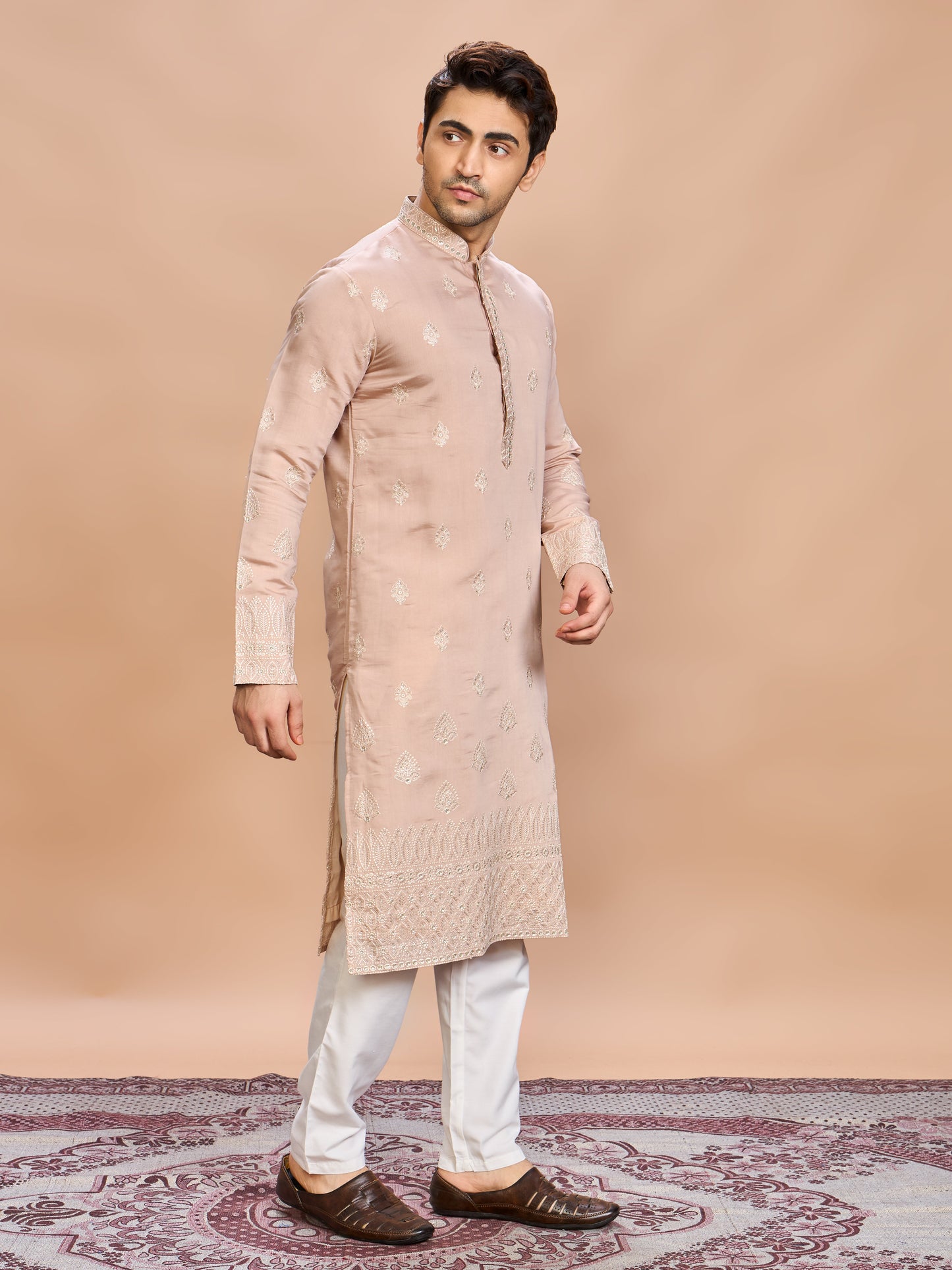 Peach Silk Embroidered Kurta Set