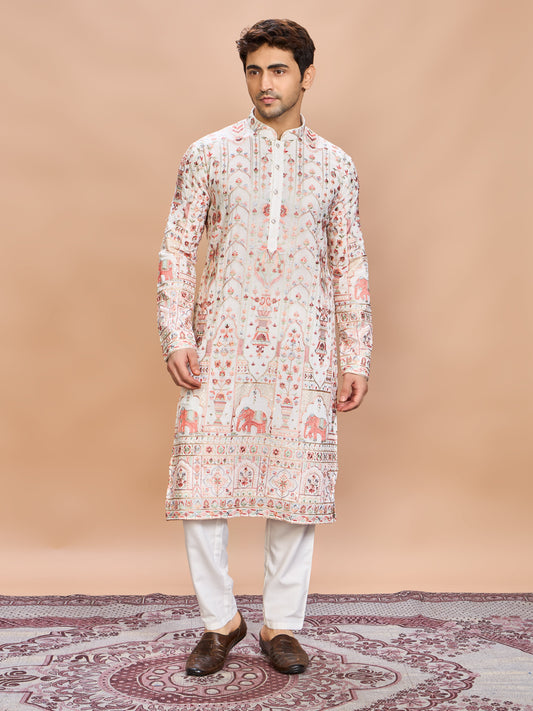 Cream Georgette Embroidered Kurta Set