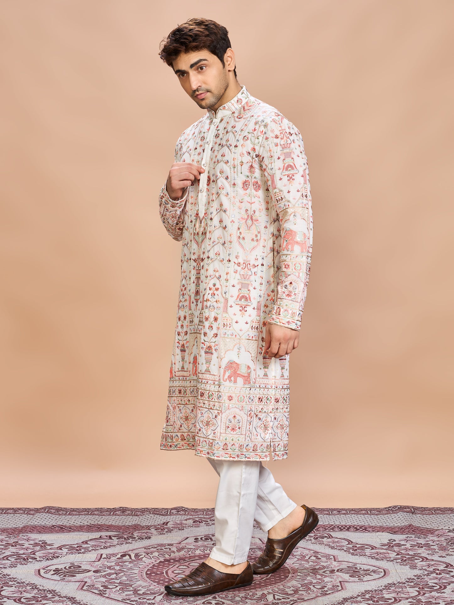 Cream Georgette Embroidered Kurta Set
