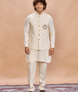 Cream Linen Jacket Kurta Set for Men