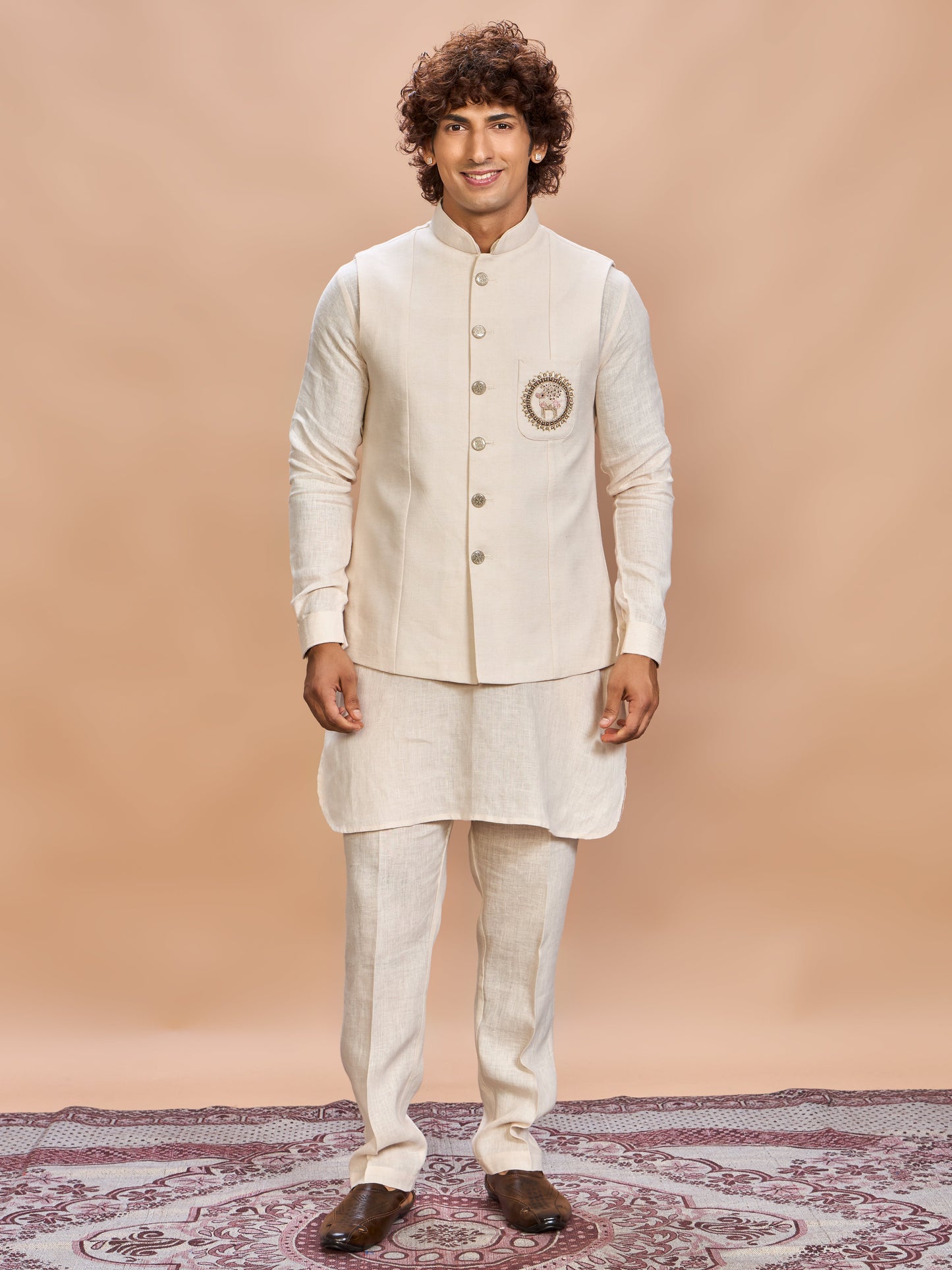 Cream Linen Jacket Kurta Set for Men