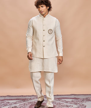 Cream Linen Jacket Kurta Set for Men