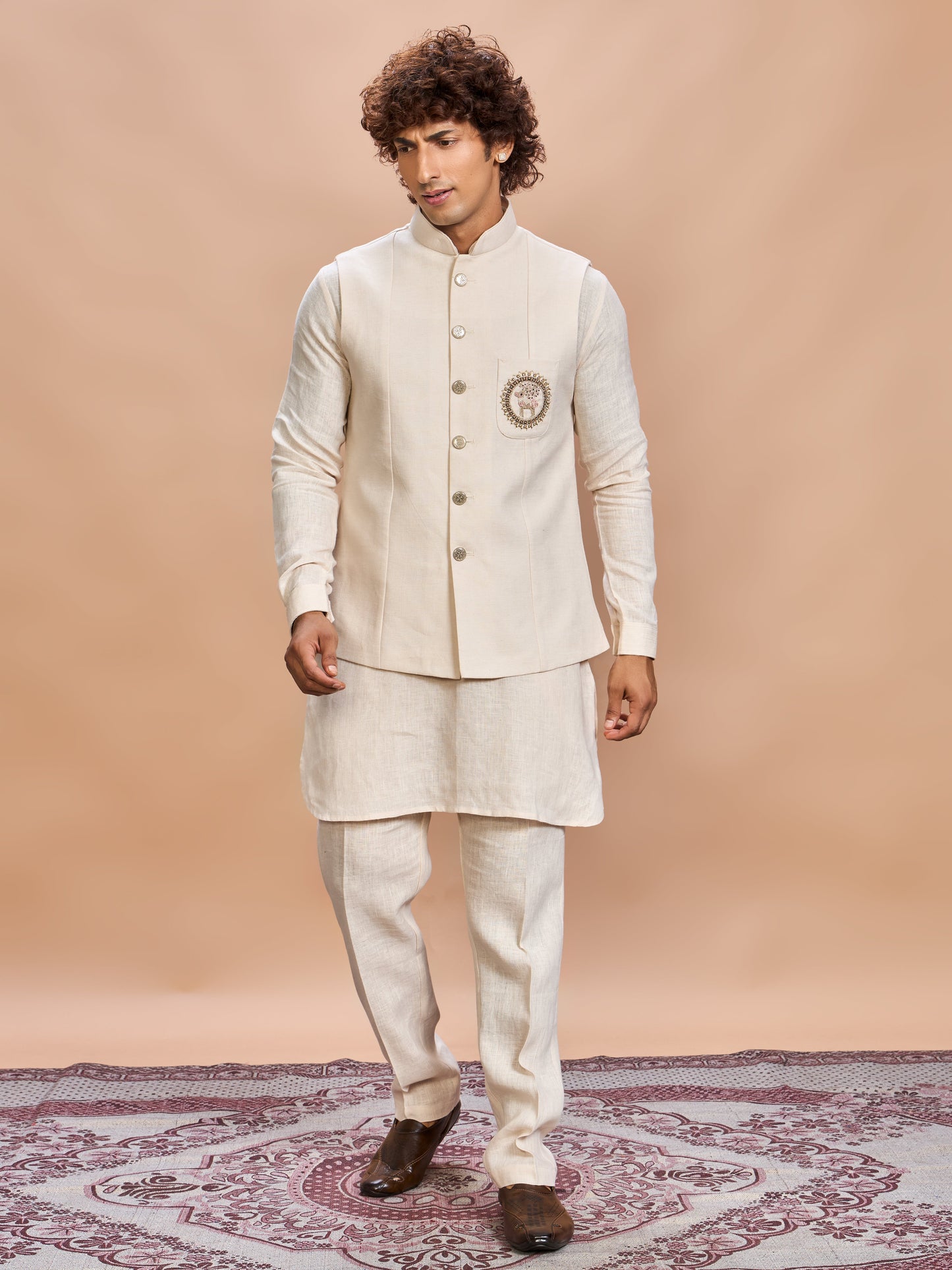 Cream Linen Jacket Kurta Set for Men