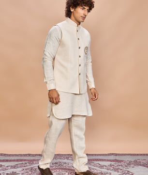 Cream Linen Jacket Kurta Set for Men