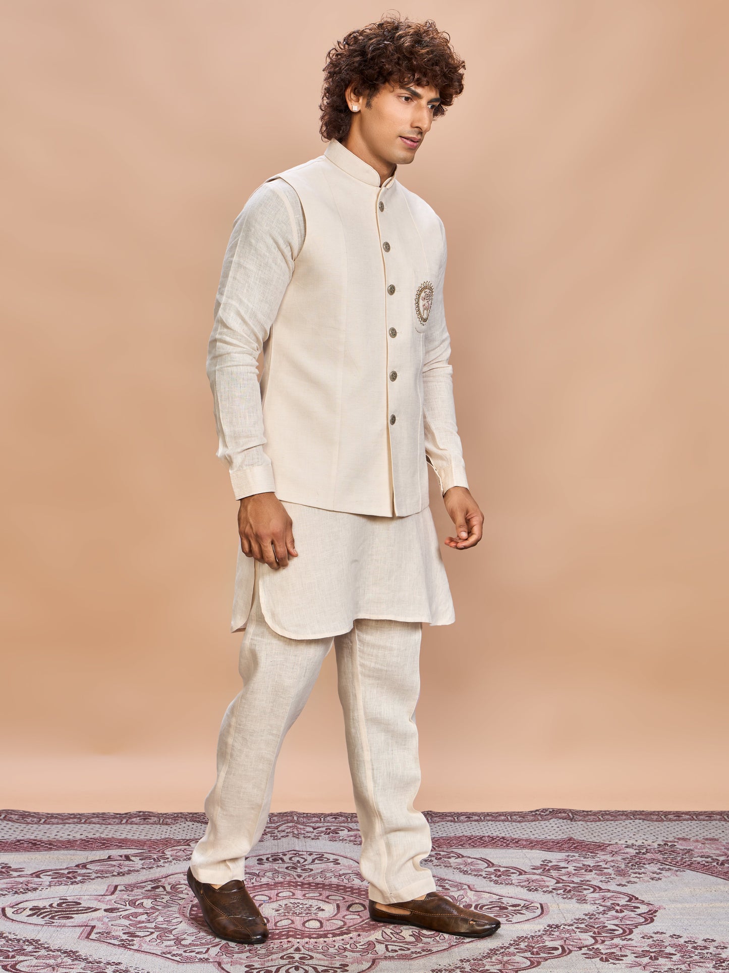 Cream Linen Jacket Kurta Set for Men