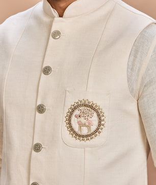Cream Linen Jacket Kurta Set for Men