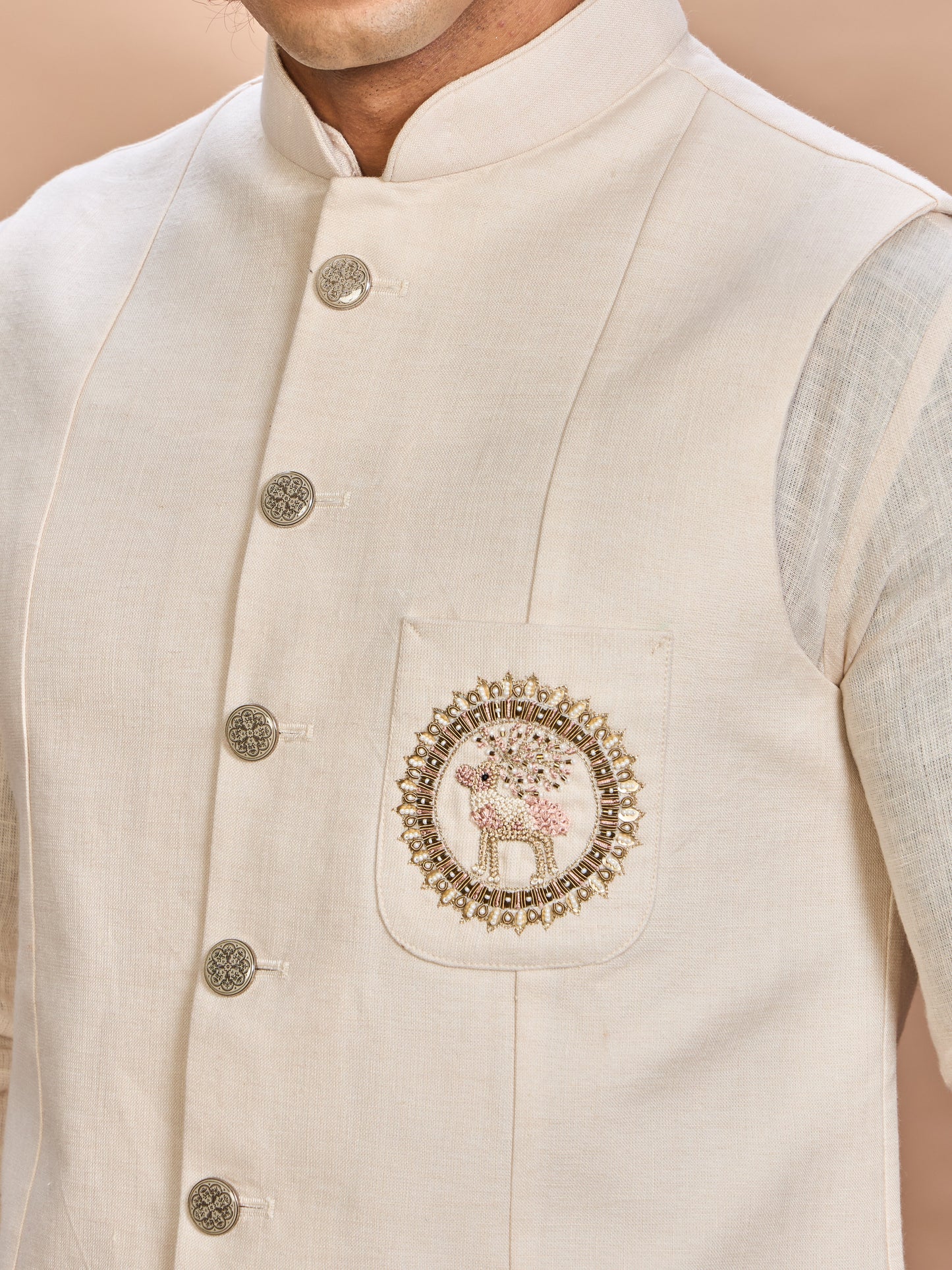 Cream Linen Jacket Kurta Set for Men
