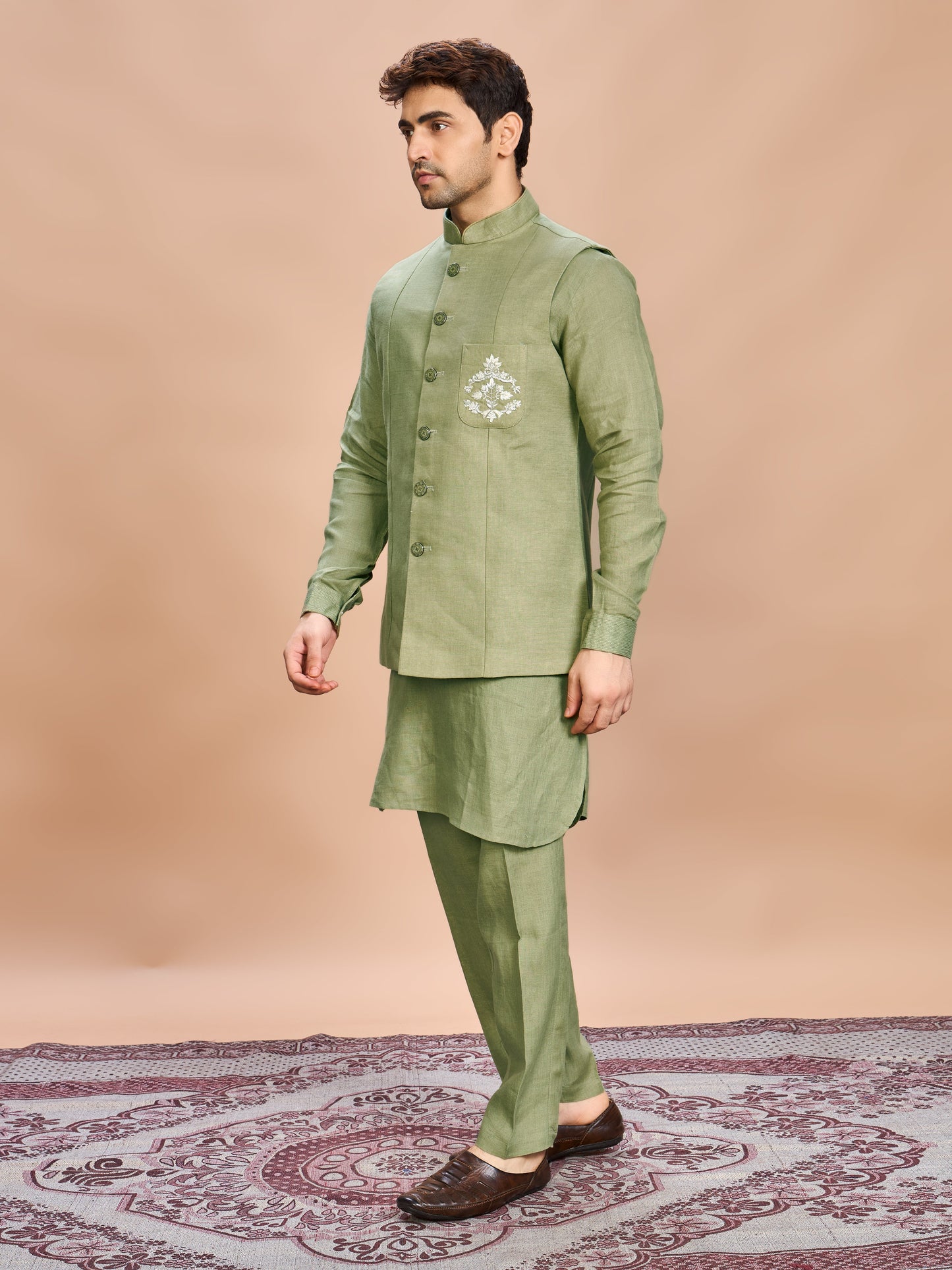 Blush Pink Linen Jacket Kurta Set for Men