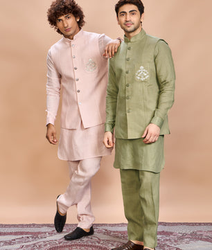 Blush Pink Linen Jacket Kurta Set for Men