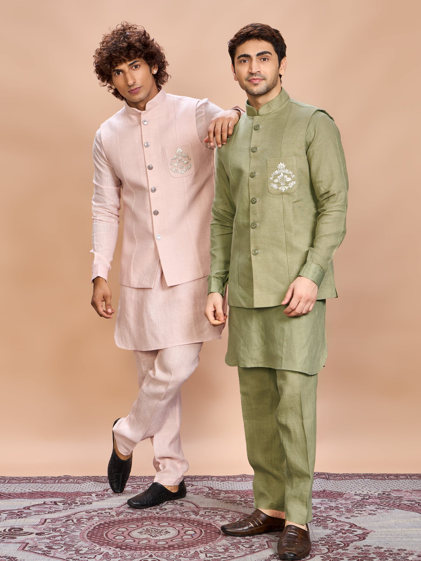 Blush Pink Linen Jacket Kurta Set for Men