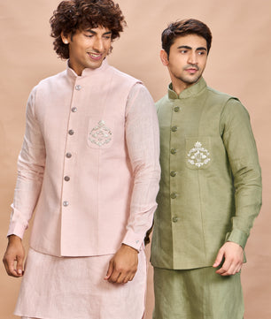 Blush Pink Linen Jacket Kurta Set for Men