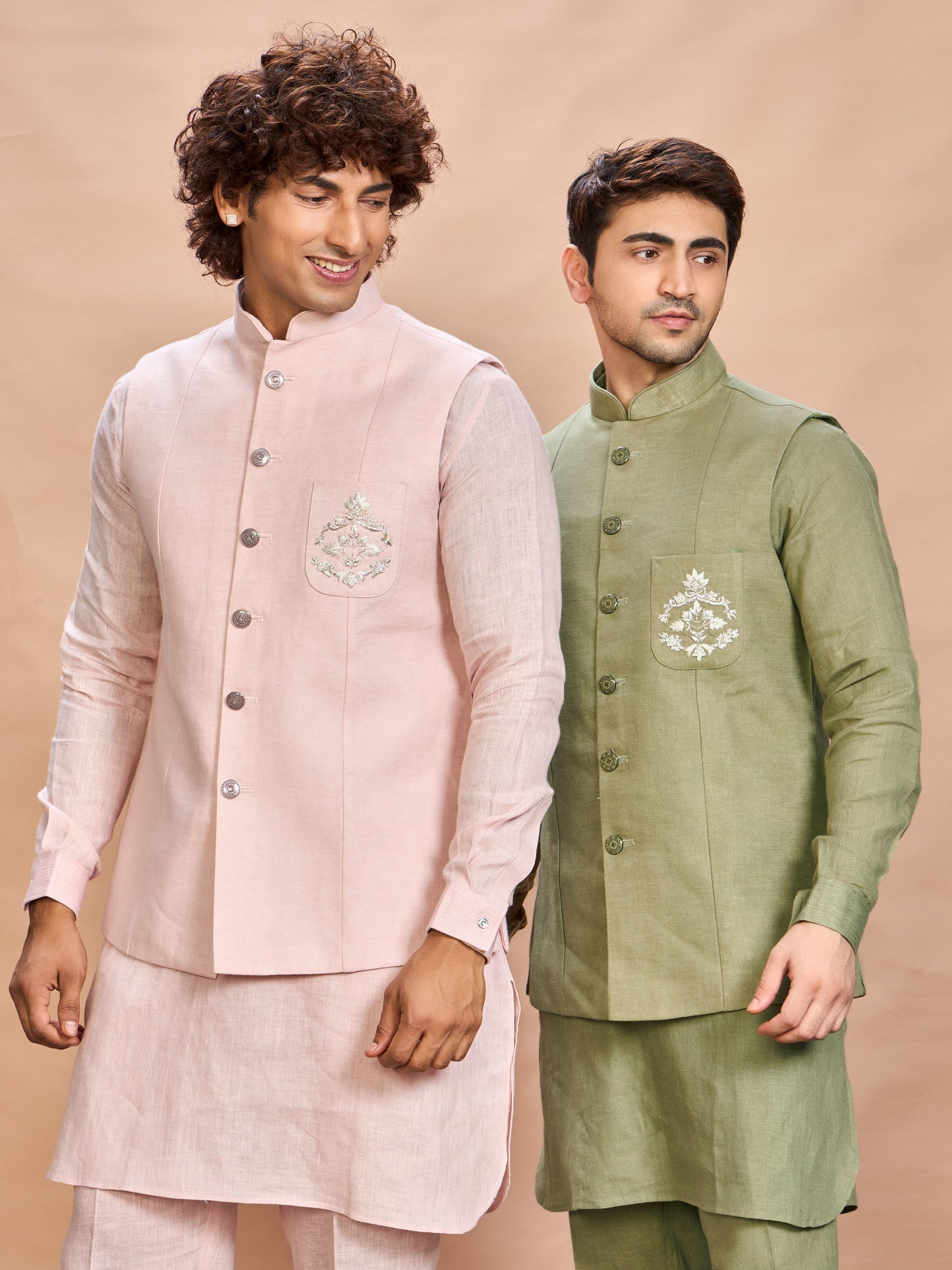 Blush Pink Linen Jacket Kurta Set for Men