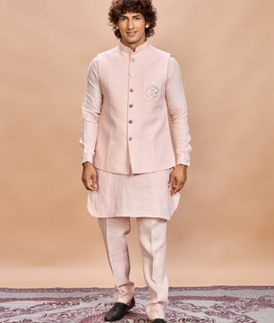 Blush Pink Linen Jacket Kurta Set for Men