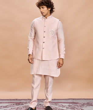 Blush Pink Linen Jacket Kurta Set for Men