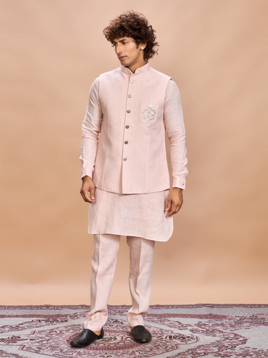 Blush Pink Linen Jacket Kurta Set for Men