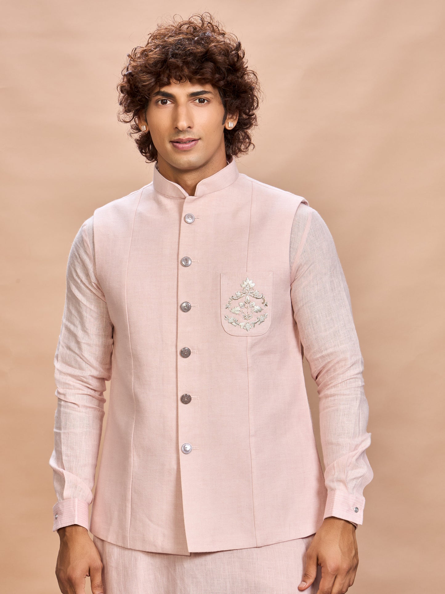 Blush Pink Linen Jacket Kurta Set for Men