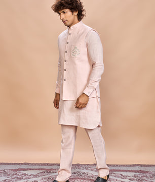 Blush Pink Linen Jacket Kurta Set for Men