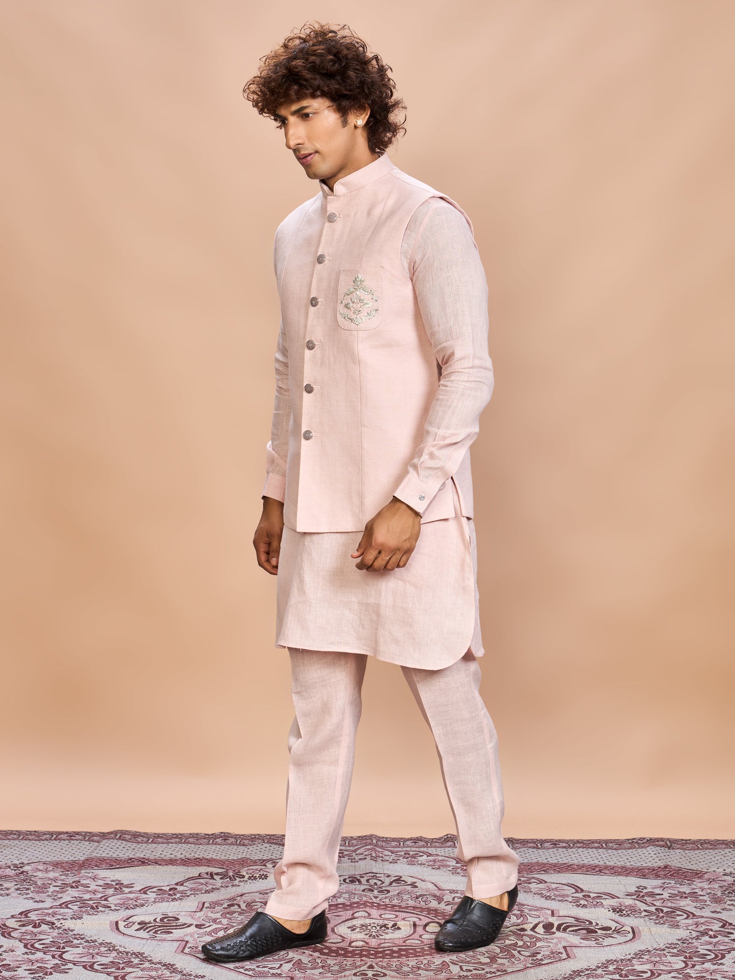 Blush Pink Linen Jacket Kurta Set for Men
